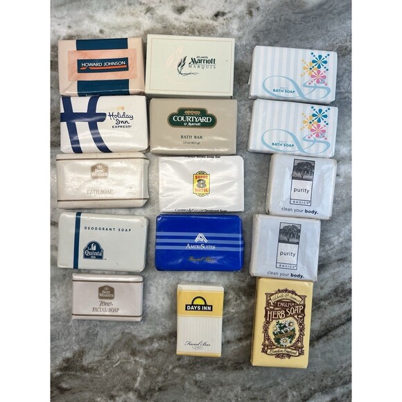 Lot of 15 Hotel/various Brand Travel Size Mini Bar Soaps Americana Vtg / Props - Picture 1 of 6